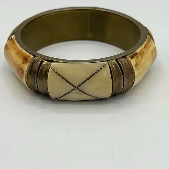 Stone Brass Women’s Cuff Bracelet Ivory Tone Slip On Boho Peasant Nature - Picture 4 of 13